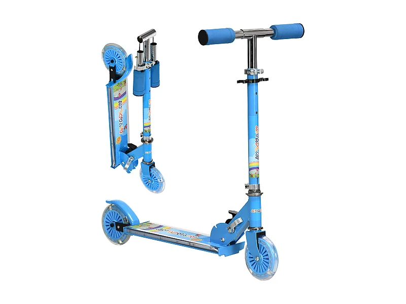 Trottinette pliable enfant à partir de 3 ans roues repose-pied LED frein à friction arrière hauteur guidon réglable 4 niv. métal bleu