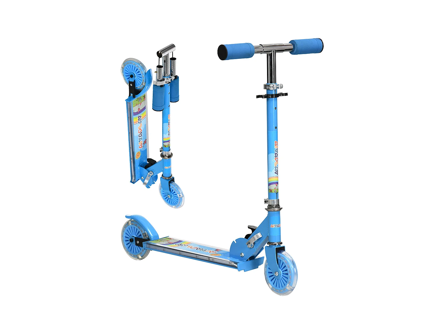 Trottinette pliable enfant à partir de 3 ans roues repose-pied LED frein à friction arrière hauteur guidon réglable 4 niv. métal bleu