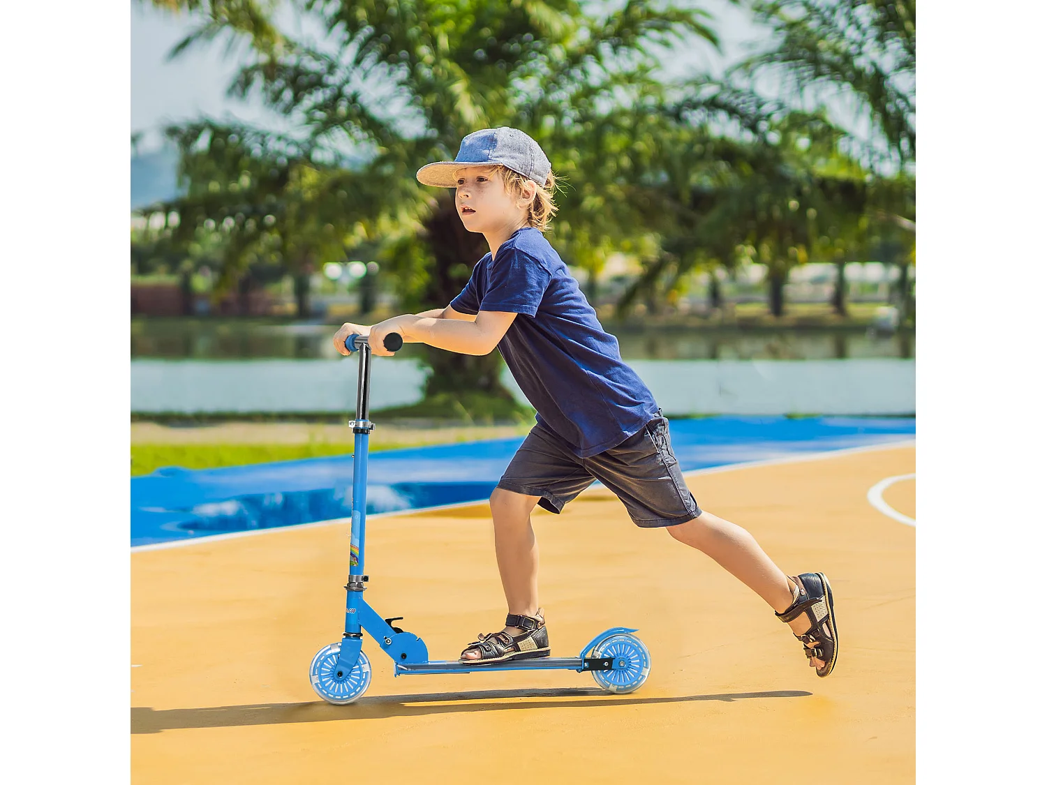 Trottinette pliable enfant à partir de 3 ans roues repose-pied LED frein à friction arrière hauteur guidon réglable 4 niv. métal bleu