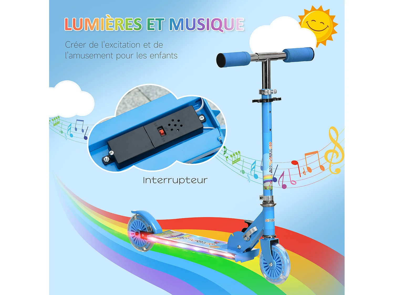 Trottinette pliable enfant à partir de 3 ans roues repose-pied LED frein à friction arrière hauteur guidon réglable 4 niv. métal bleu