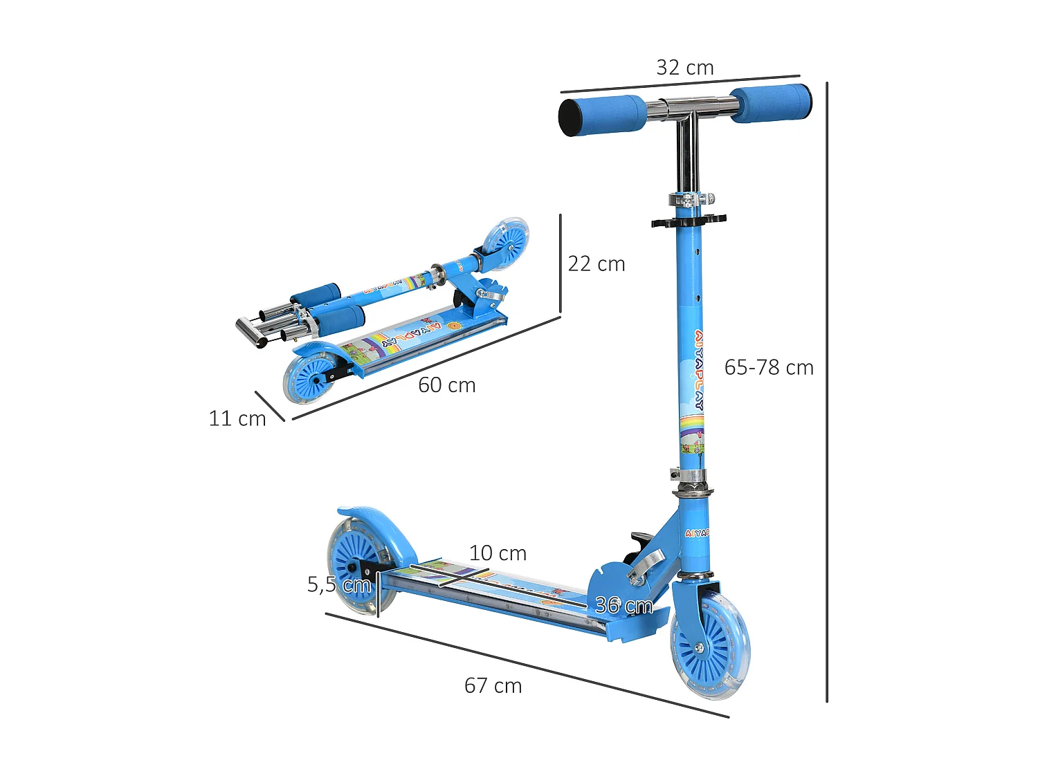 Trottinette pliable enfant à partir de 3 ans roues repose-pied LED frein à friction arrière hauteur guidon réglable 4 niv. métal bleu
