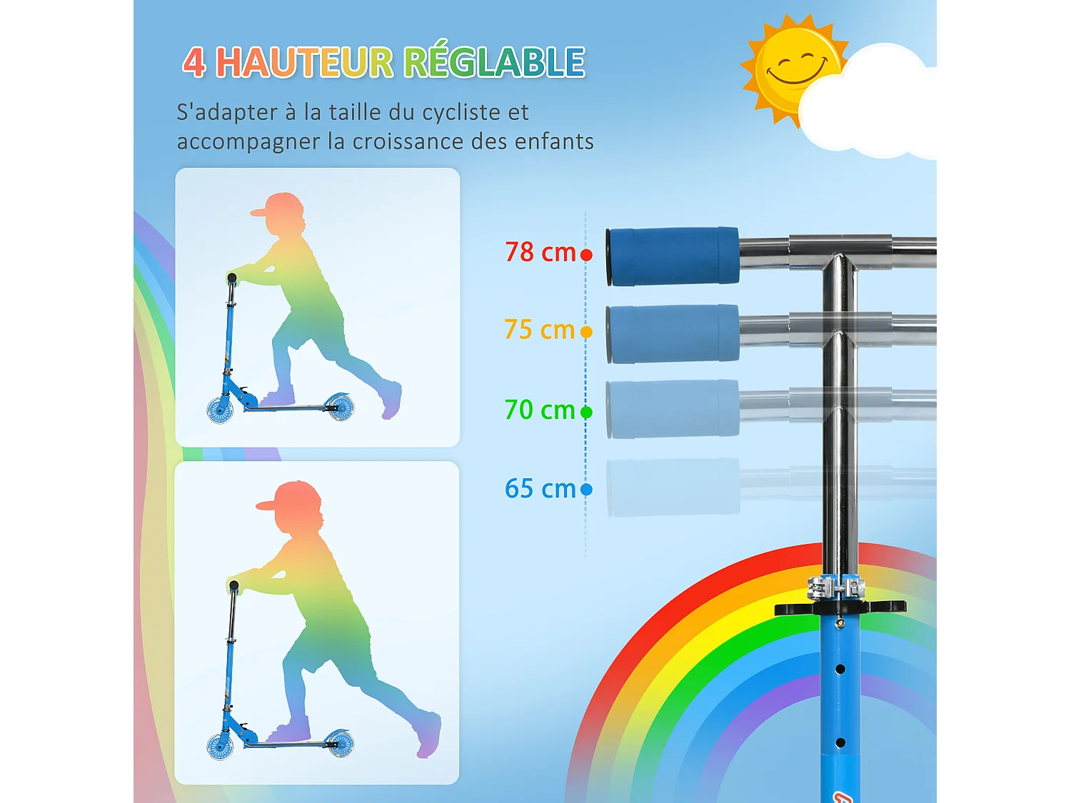 Trottinette pliable enfant à partir de 3 ans roues repose-pied LED frein à friction arrière hauteur guidon réglable 4 niv. métal bleu