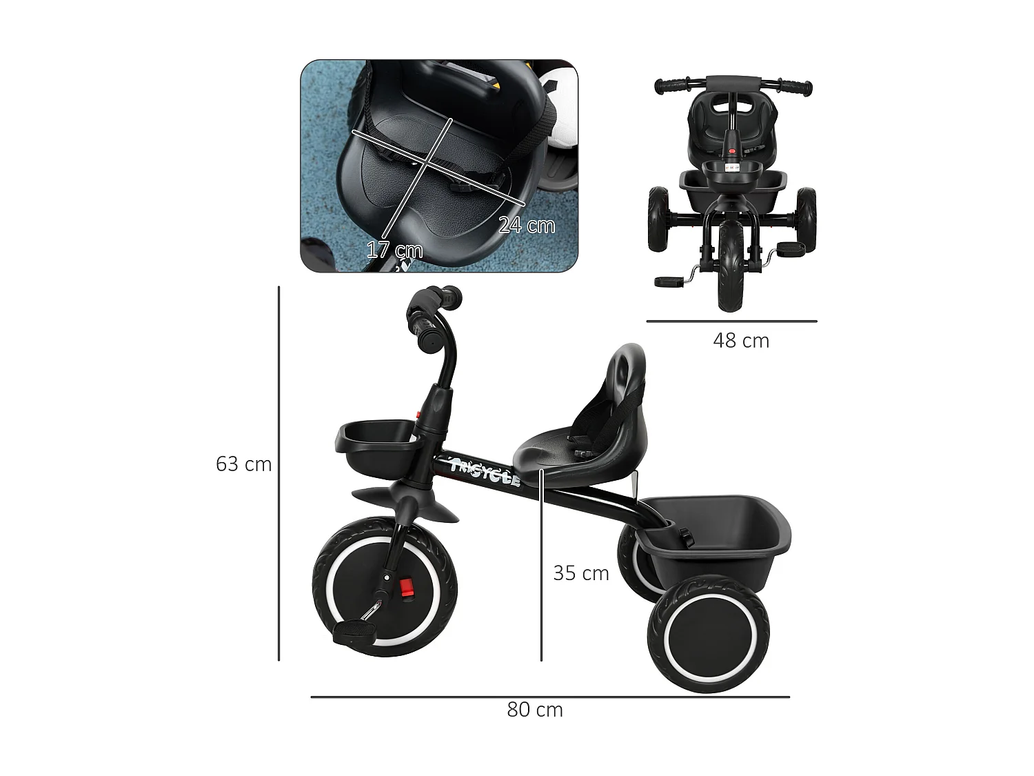 Tricycle pour enfant évolutif avec siège réglable - pédales - 2 paniers - ceinture - pour enfant de 2 à 5 ans - noir