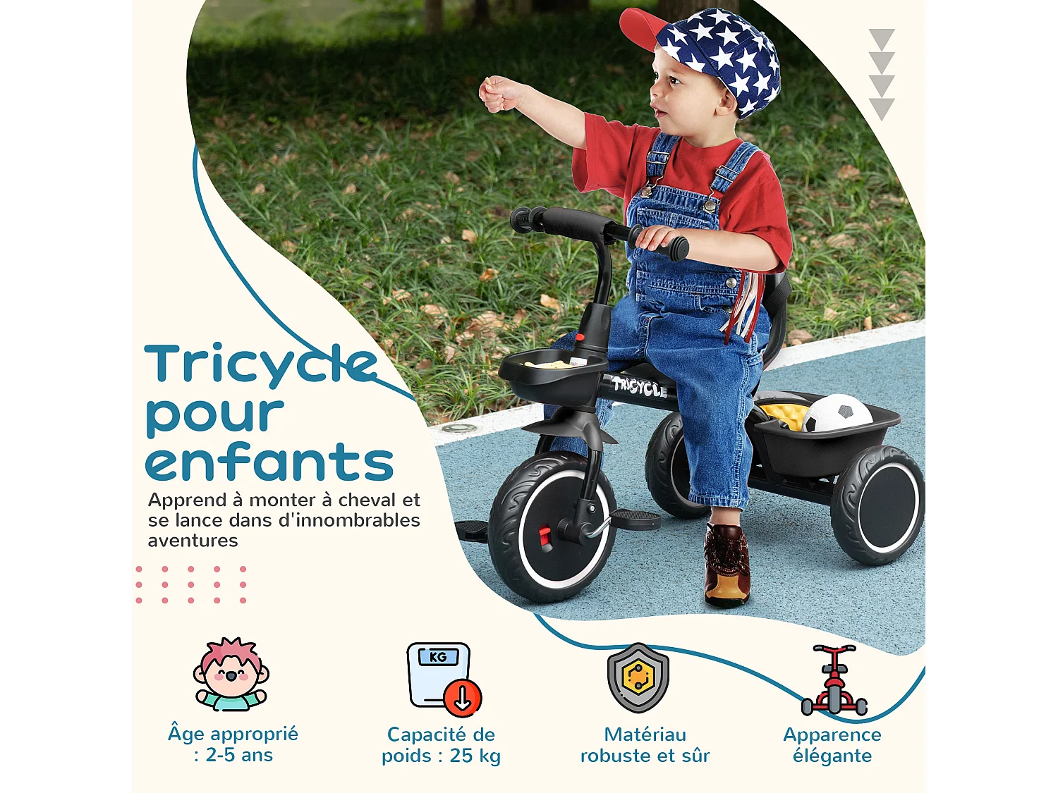 Tricycle pour enfant évolutif avec siège réglable - pédales - 2 paniers - ceinture - pour enfant de 2 à 5 ans - noir