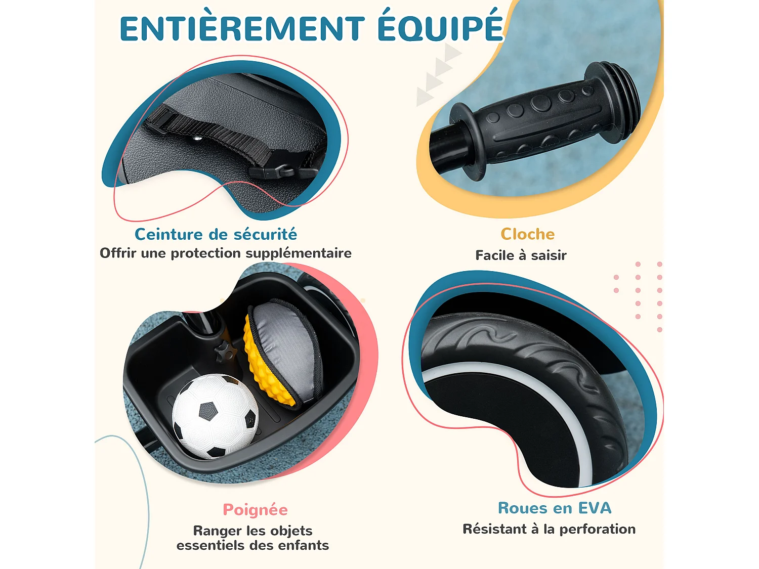Tricycle pour enfant évolutif avec siège réglable - pédales - 2 paniers - ceinture - pour enfant de 2 à 5 ans - noir