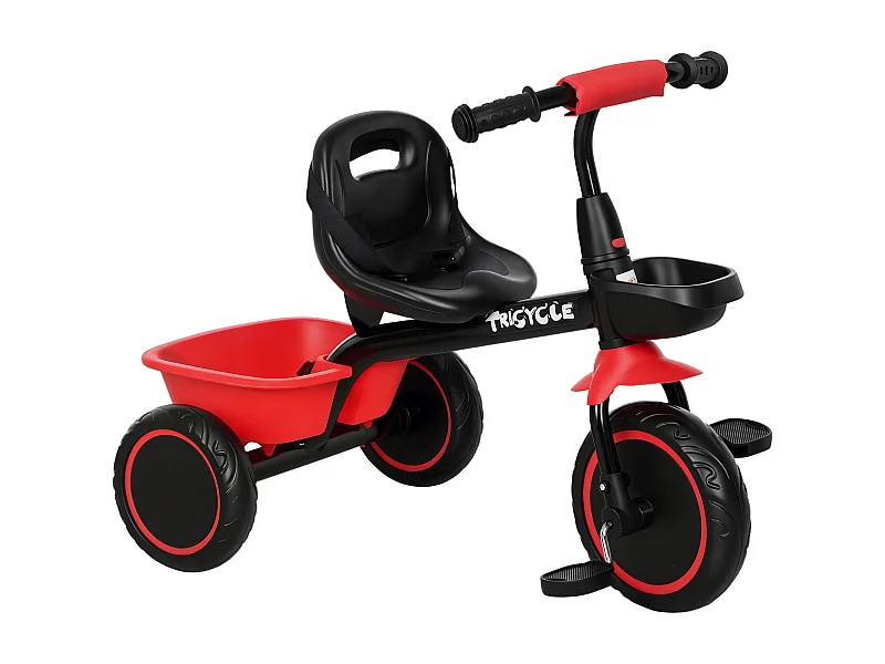 Tricycle pour enfant évolutif avec siège réglable - pédales - 2 paniers - ceinture - pour enfant de 2 à 5 ans - rouge et noir