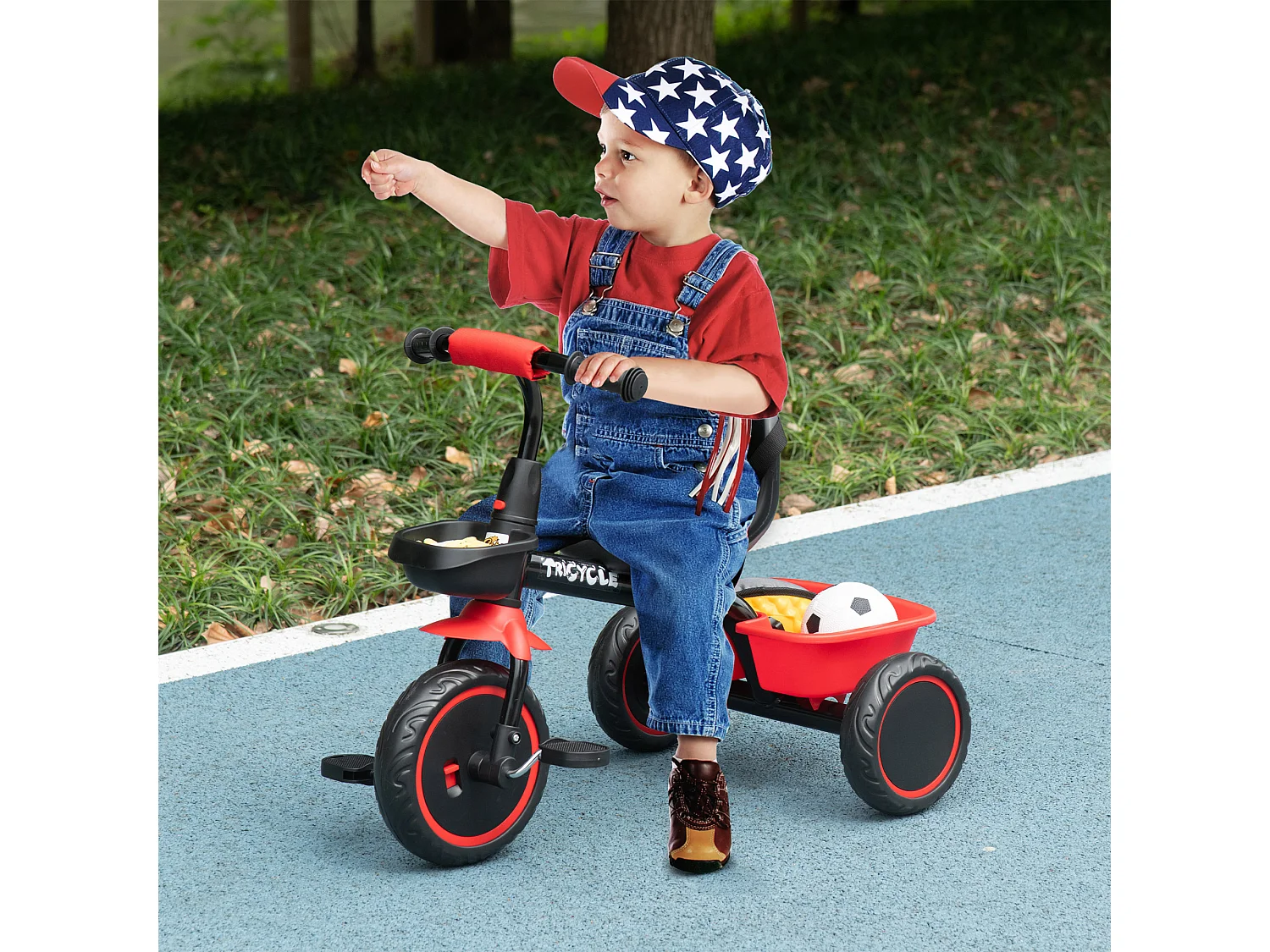 Tricycle pour enfant évolutif avec siège réglable - pédales - 2 paniers - ceinture - pour enfant de 2 à 5 ans - rouge et noir