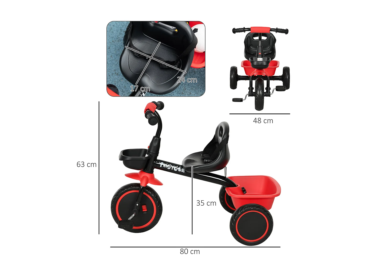 Tricycle pour enfant évolutif avec siège réglable - pédales - 2 paniers - ceinture - pour enfant de 2 à 5 ans - rouge et noir