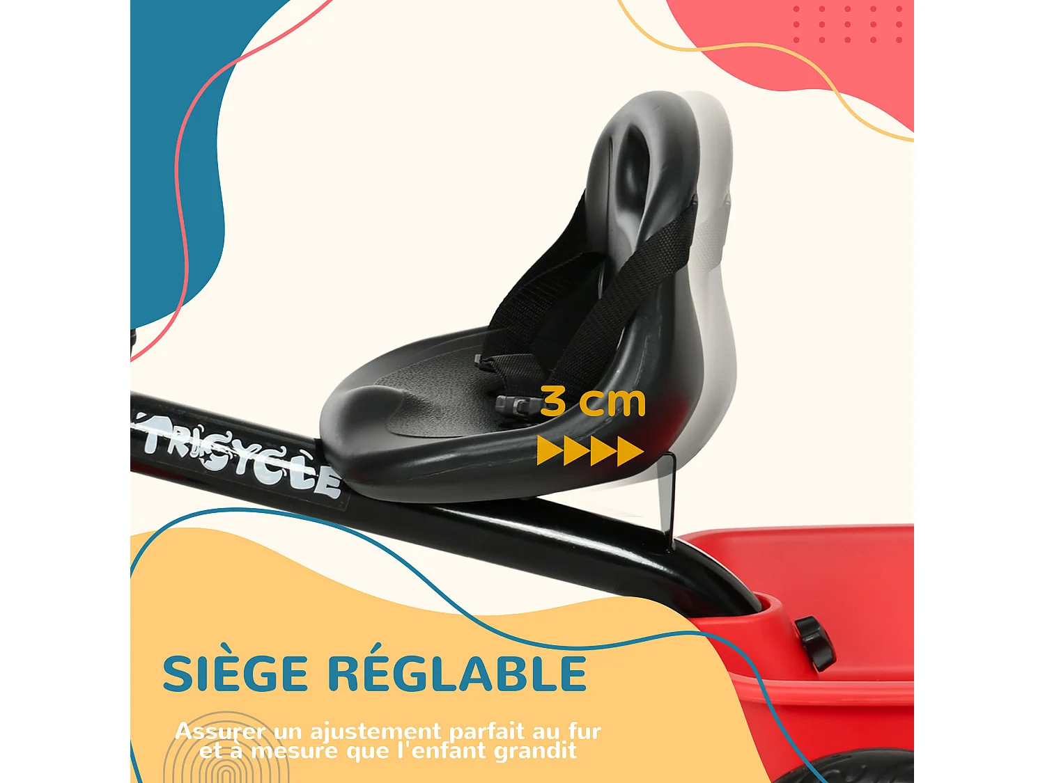 Tricycle pour enfant évolutif avec siège réglable - pédales - 2 paniers - ceinture - pour enfant de 2 à 5 ans - rouge et noir