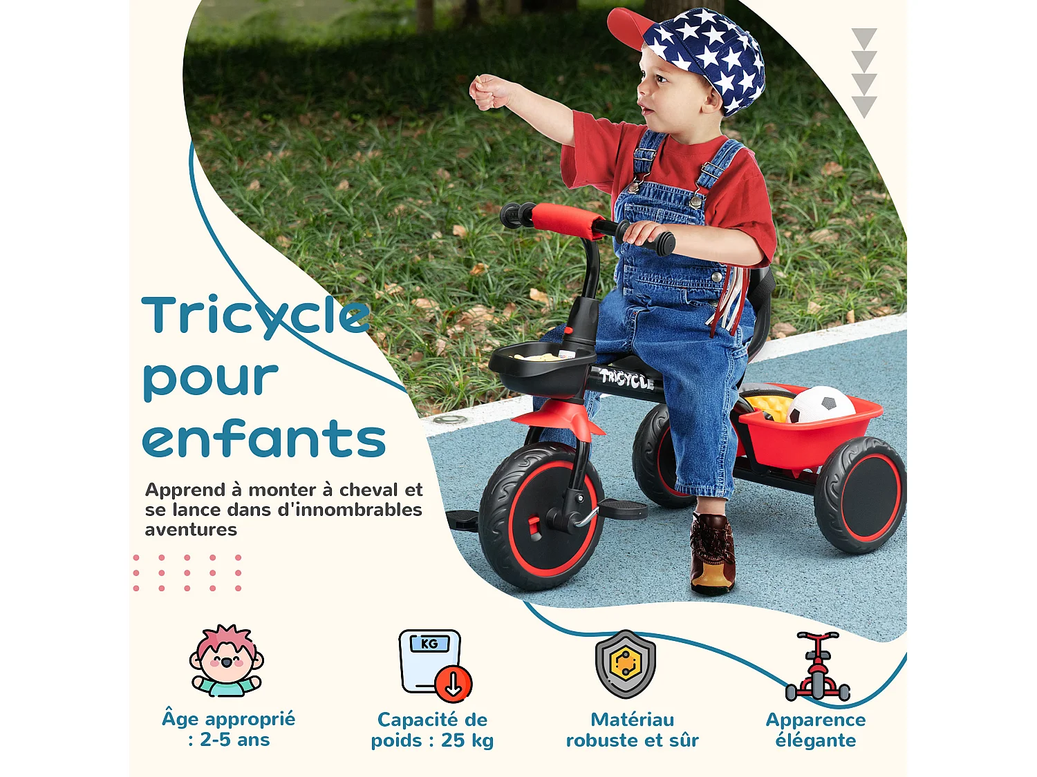 Tricycle pour enfant évolutif avec siège réglable - pédales - 2 paniers - ceinture - pour enfant de 2 à 5 ans - rouge et noir