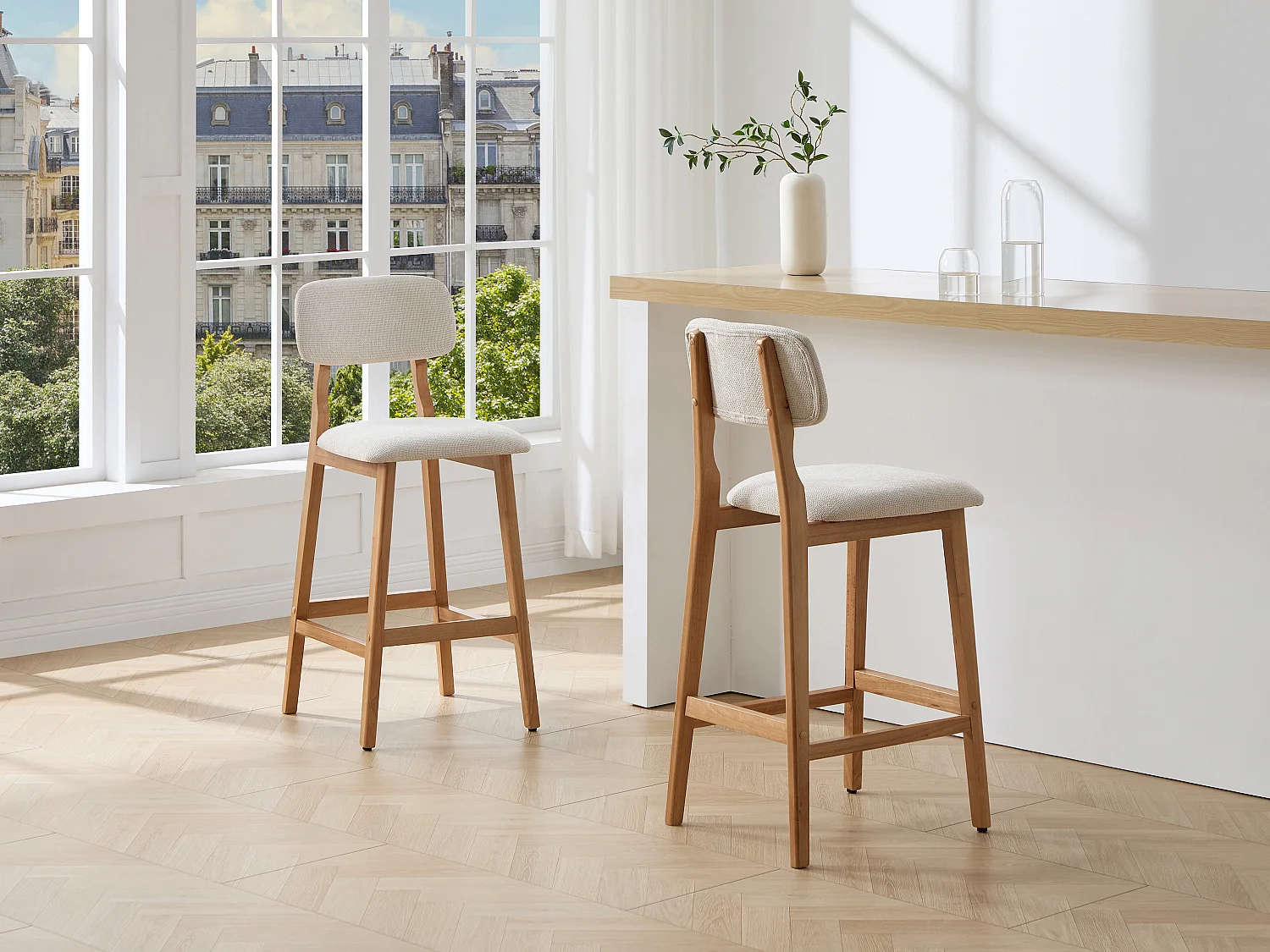 Lot de 2 tabourets en tissu texturé et bois d'hévéa naturel - Beige - LEDIRA