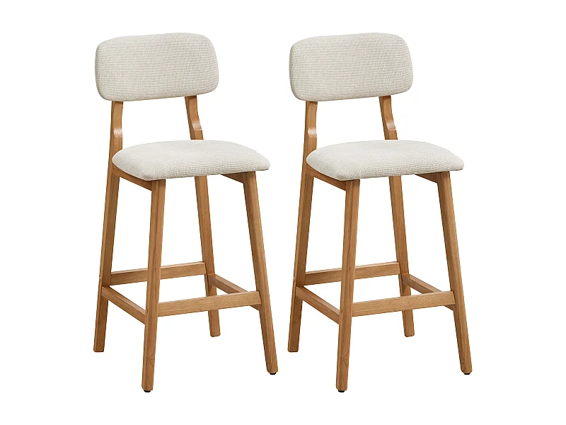 Lot de 2 tabourets en tissu texturé et bois d'hévéa naturel - Beige - LEDIRA