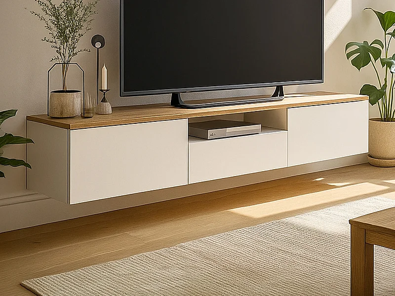 Meuble TV suspendu avec 3 portes et 1 niche - Blanc et naturel - LOTULA