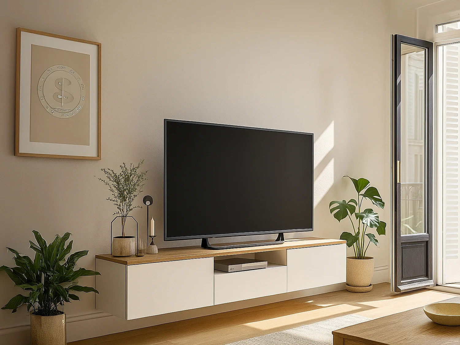 Meuble TV suspendu avec 3 portes et 1 niche - Blanc et naturel - LOTULA