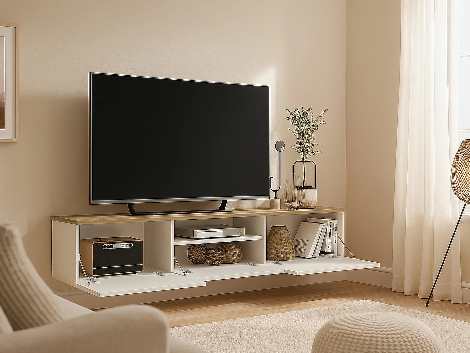 Meuble TV suspendu avec 3 portes et 1 niche - Blanc et naturel - LOTULA