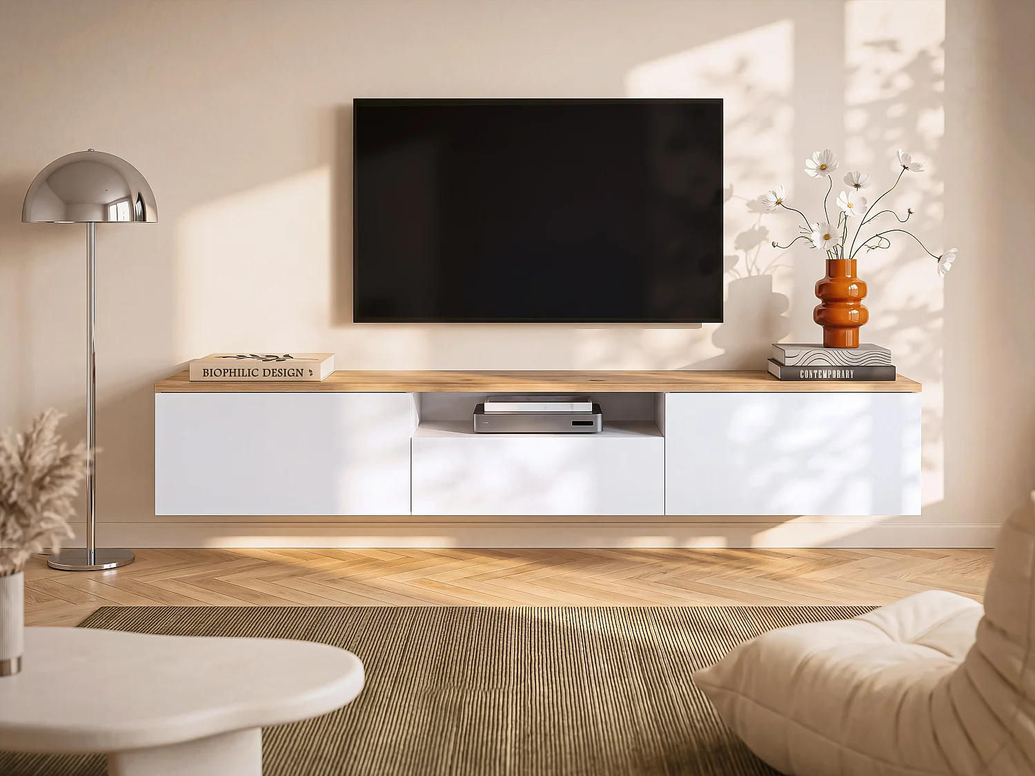 Meuble TV suspendu avec 3 portes et 1 niche - Blanc et naturel - LOTULA