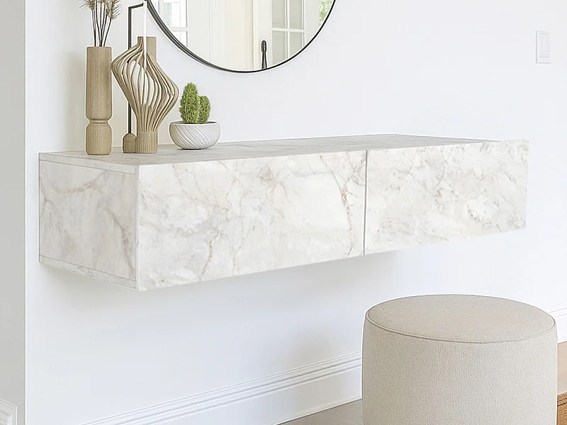 Console suspendue avec 2 portes - Effet marbre blanc - TENIDA