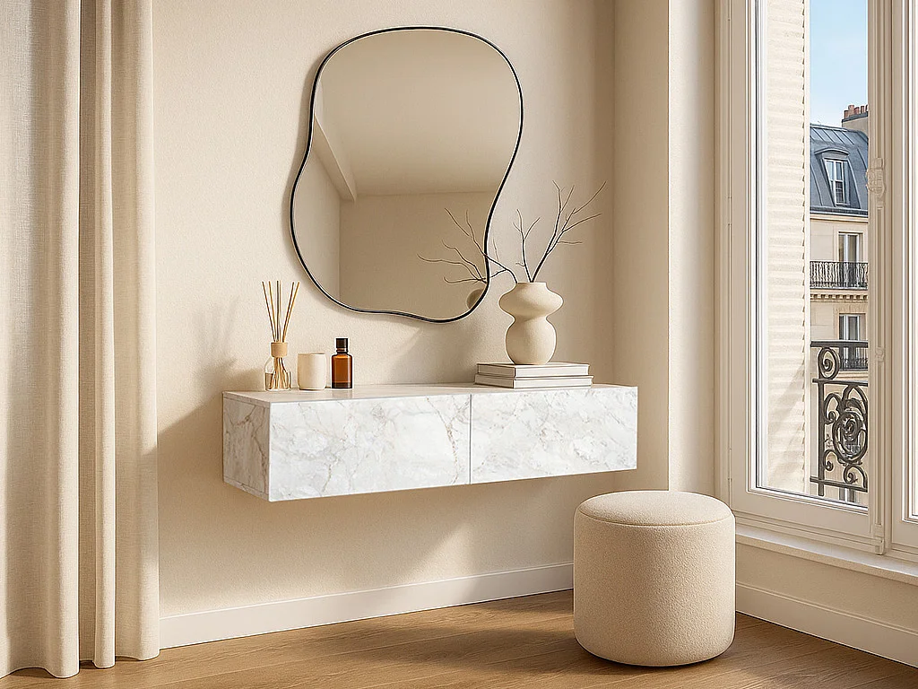 Console suspendue avec 2 portes - Effet marbre blanc - TENIDA