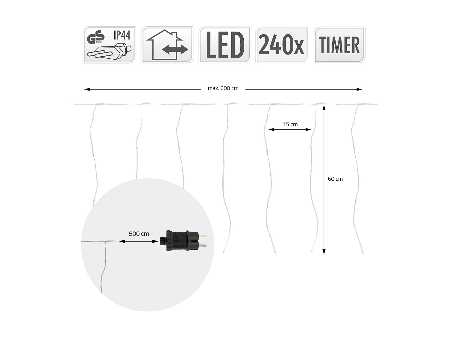 ECD Germany LED Lichtervorhang 600 cm 240 LEDs Warmweiß inkl. Timer 19 Leuchtmodi Weihnachtsdeko Vorhang für Innen/Außen Weihnachten LED Lichterkette
