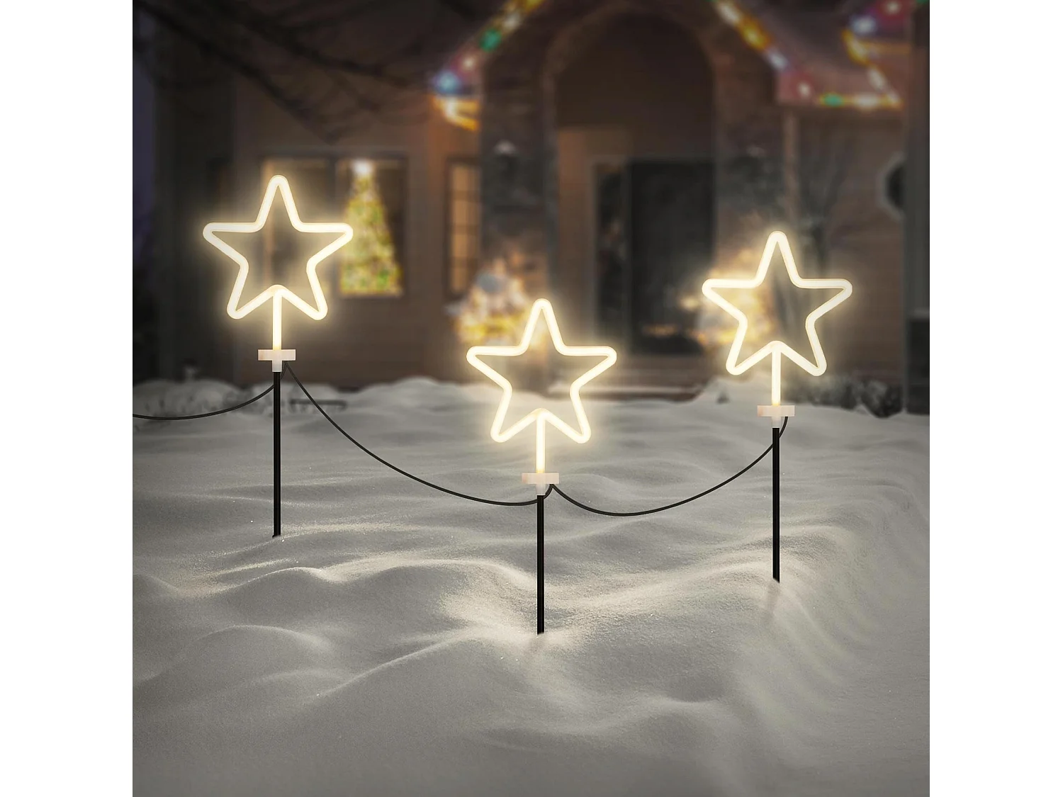 Set de 3 étoiles décoratives pour noël H58 cm ornement de jardin et maison avec piquets à enfoncer dans la terre/pelouse guirlande lumineuse extérieur