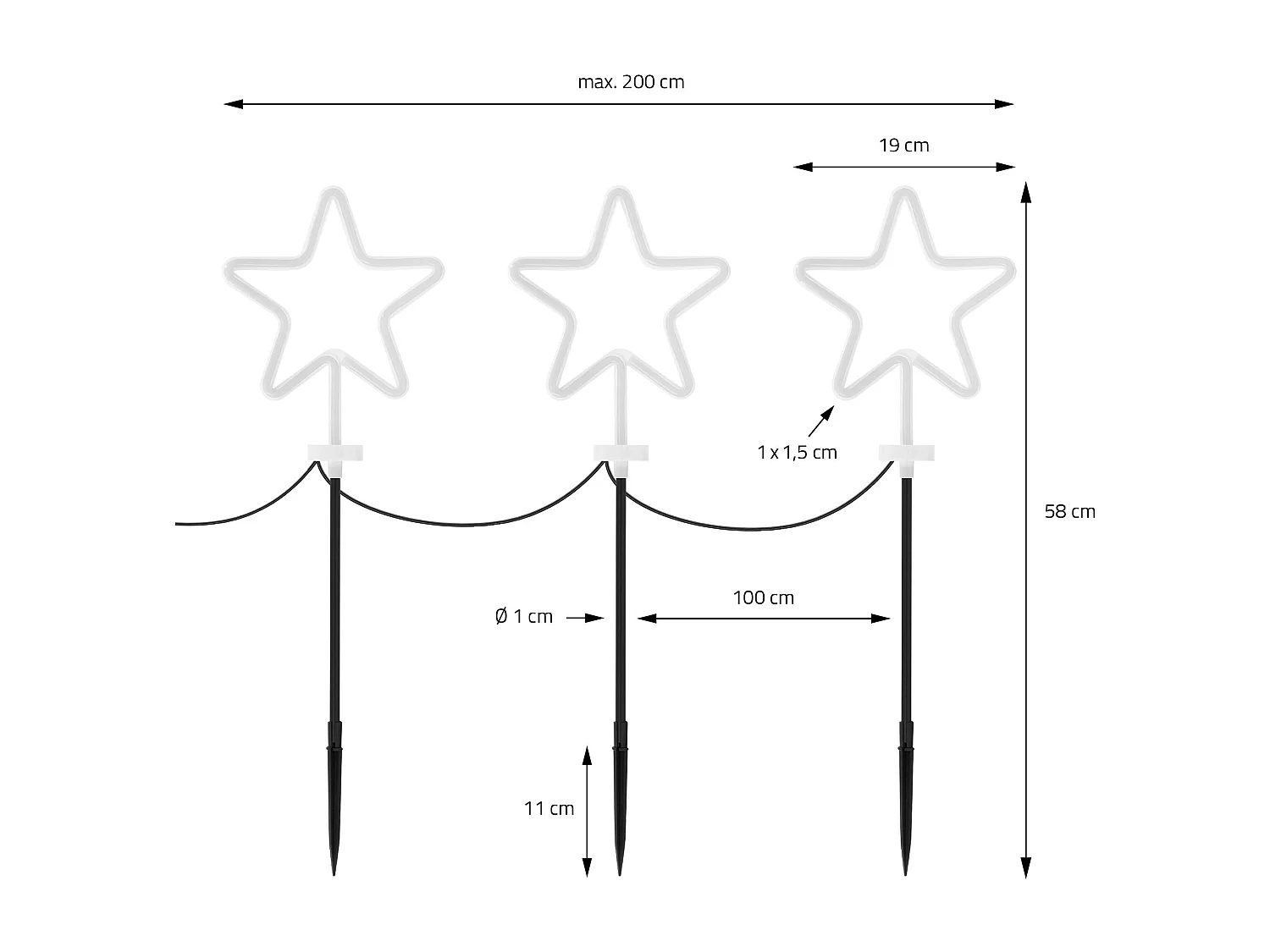 Set de 3 étoiles décoratives pour noël H58 cm ornement de jardin et maison avec piquets à enfoncer dans la terre/pelouse guirlande lumineuse extérieur