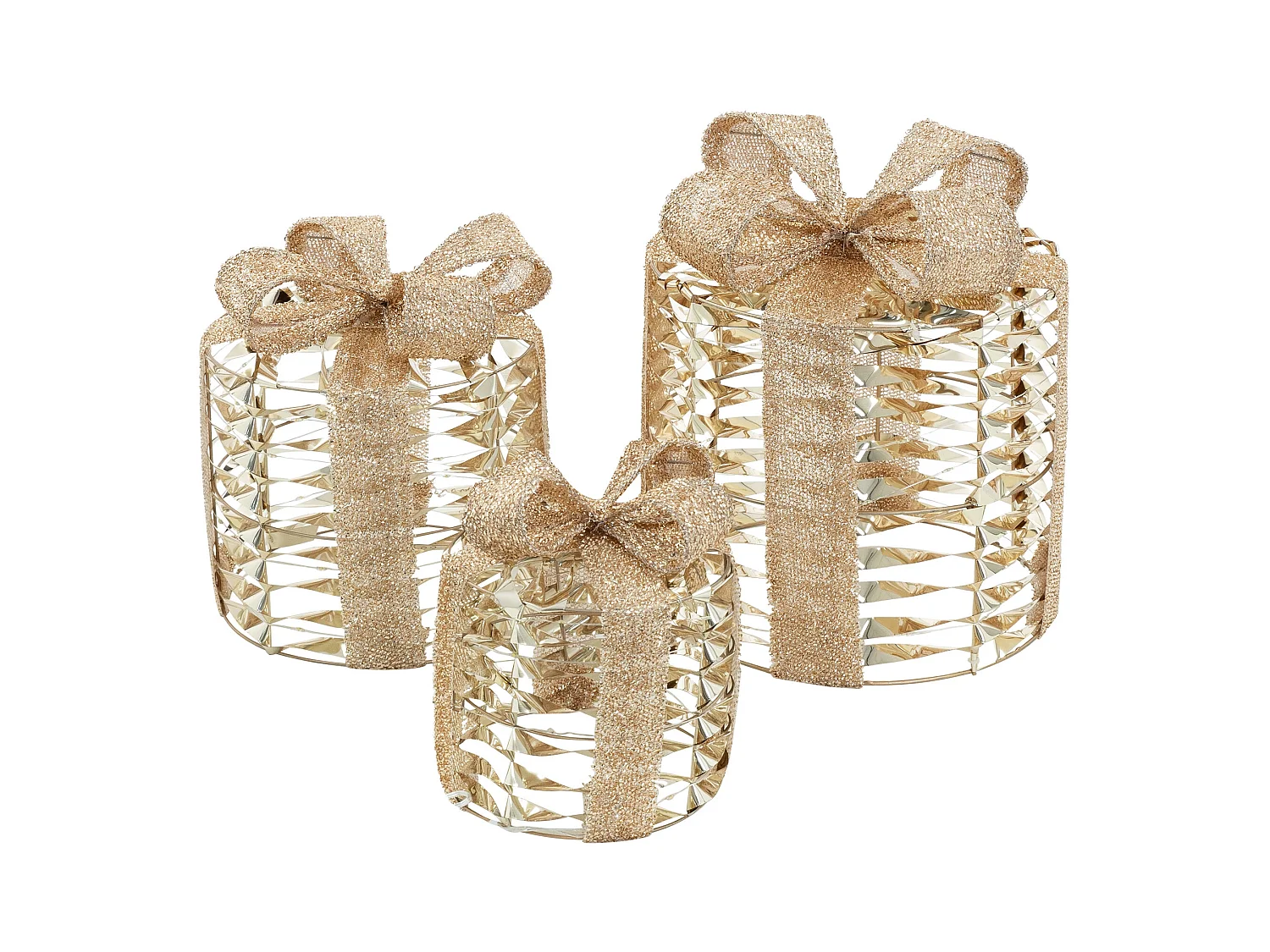 Set de 3 boîtes cadeaux de noël à led dorées 135 led blanc chaud structure en fil métallique décoration saison fonctionne sur piles minuterie inclus