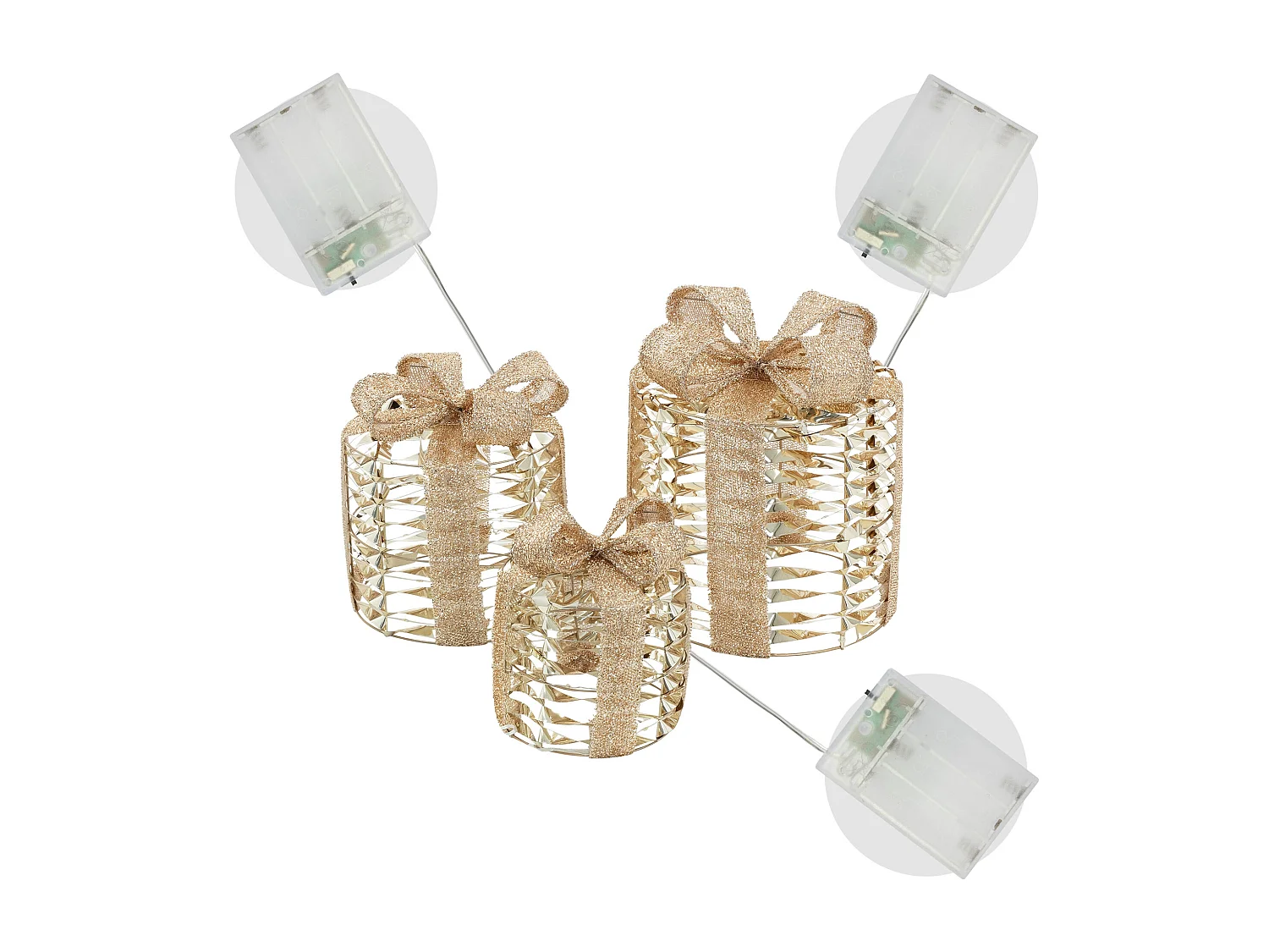 Set de 3 boîtes cadeaux de noël à led dorées 135 led blanc chaud structure en fil métallique décoration saison fonctionne sur piles minuterie inclus