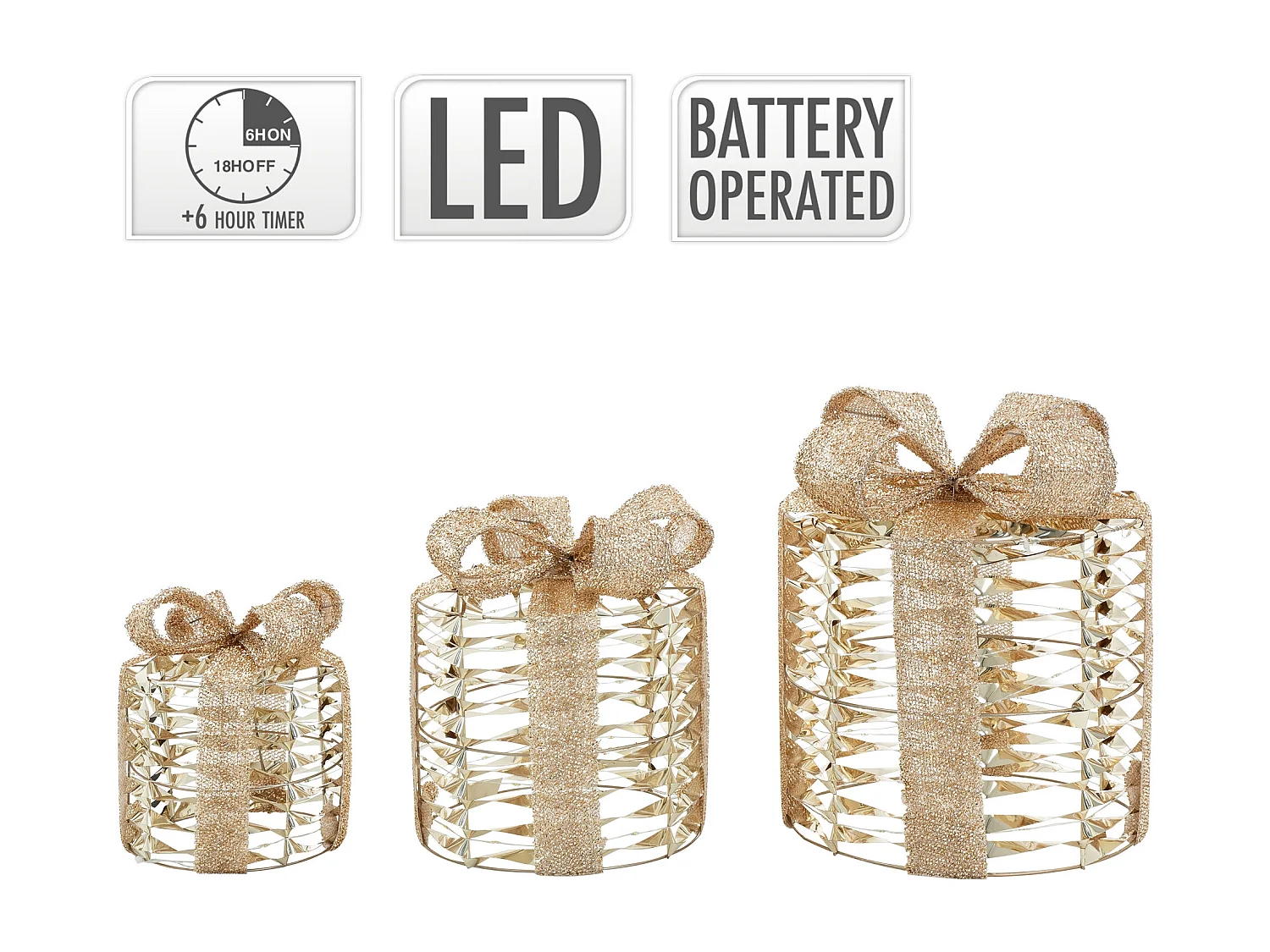 Set de 3 boîtes cadeaux de noël à led dorées 135 led blanc chaud structure en fil métallique décoration saison fonctionne sur piles minuterie inclus