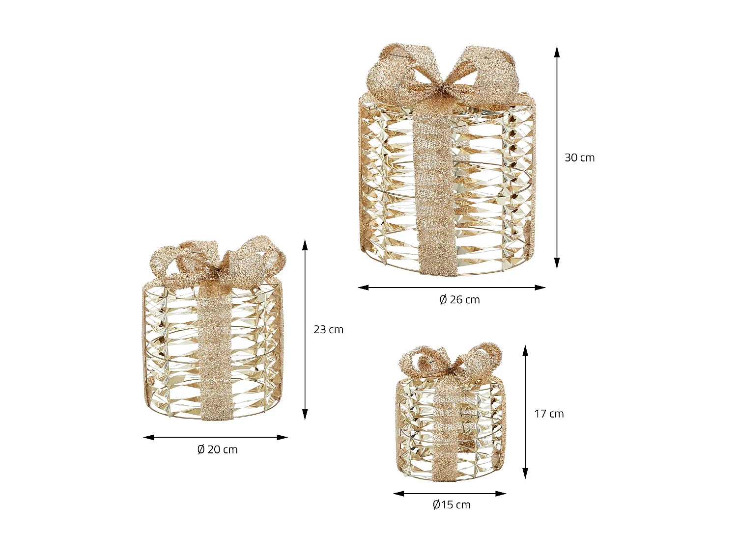 Set de 3 boîtes cadeaux de noël à led dorées 135 led blanc chaud structure en fil métallique décoration saison fonctionne sur piles minuterie inclus