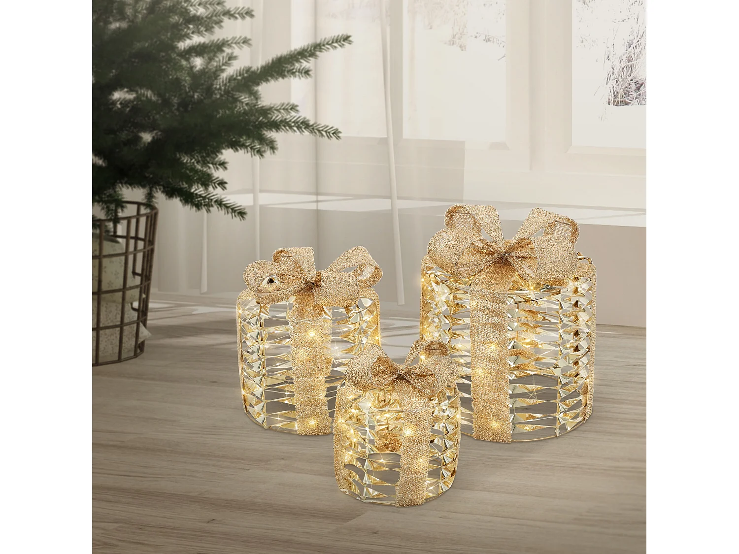 Set de 3 boîtes cadeaux de noël à led dorées 135 led blanc chaud structure en fil métallique décoration saison fonctionne sur piles minuterie inclus