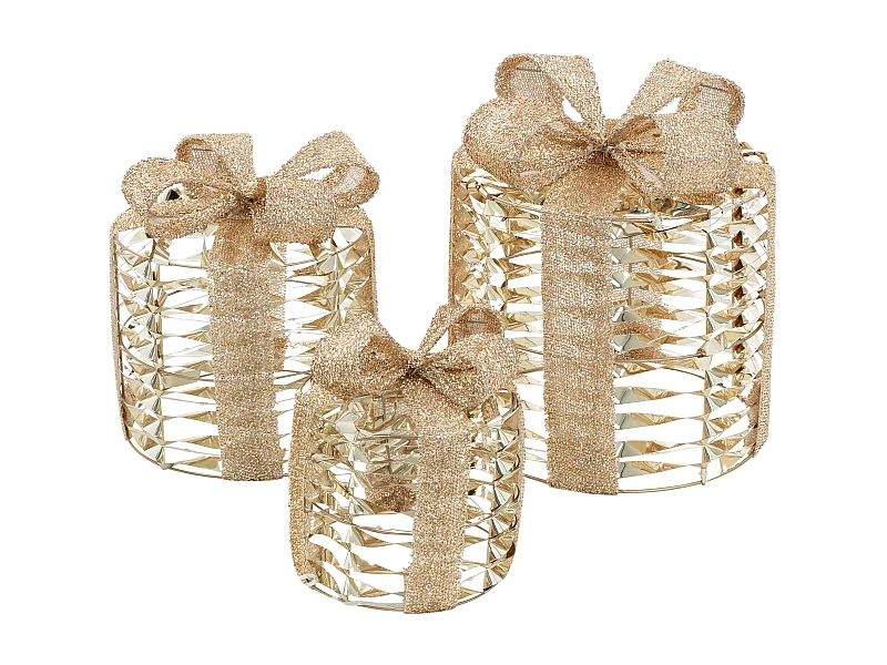 Set de 3 boîtes cadeaux de noël à led dorées 135 led blanc chaud structure en fil métallique décoration saison fonctionne sur piles minuterie inclus