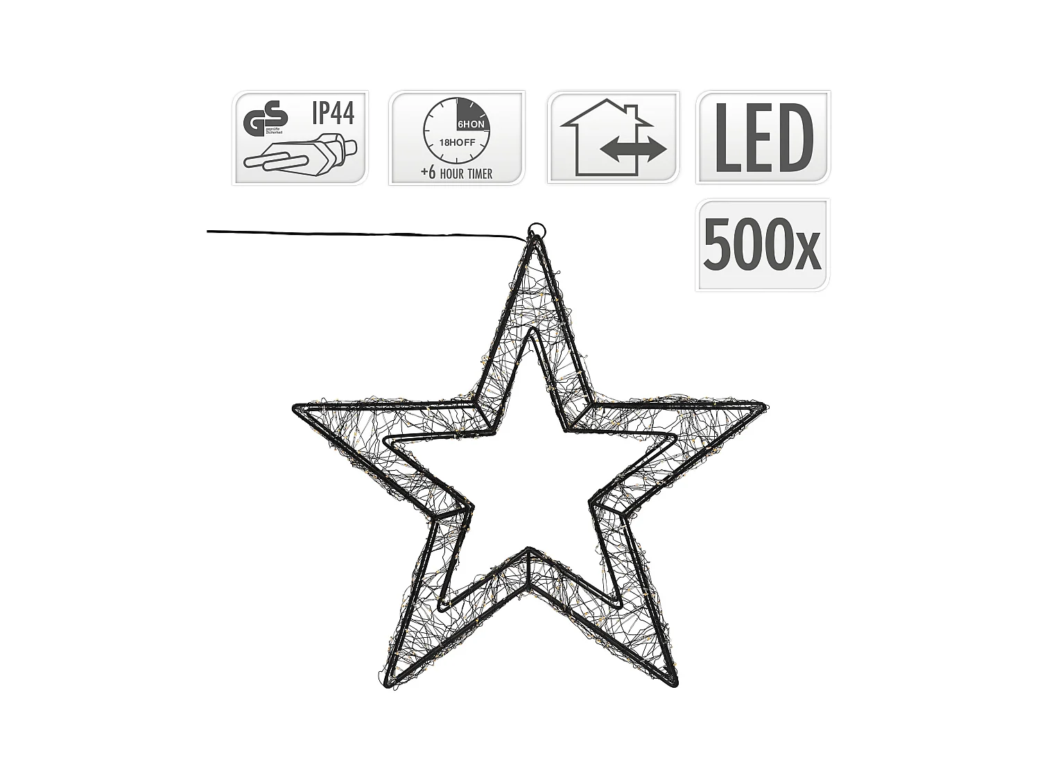 ECD Germany Stella luminosa LED 38 cm 500 LED bianco caldo extra, impermeabile con timer, decorazioni natalizie interno esterno finestra giardino