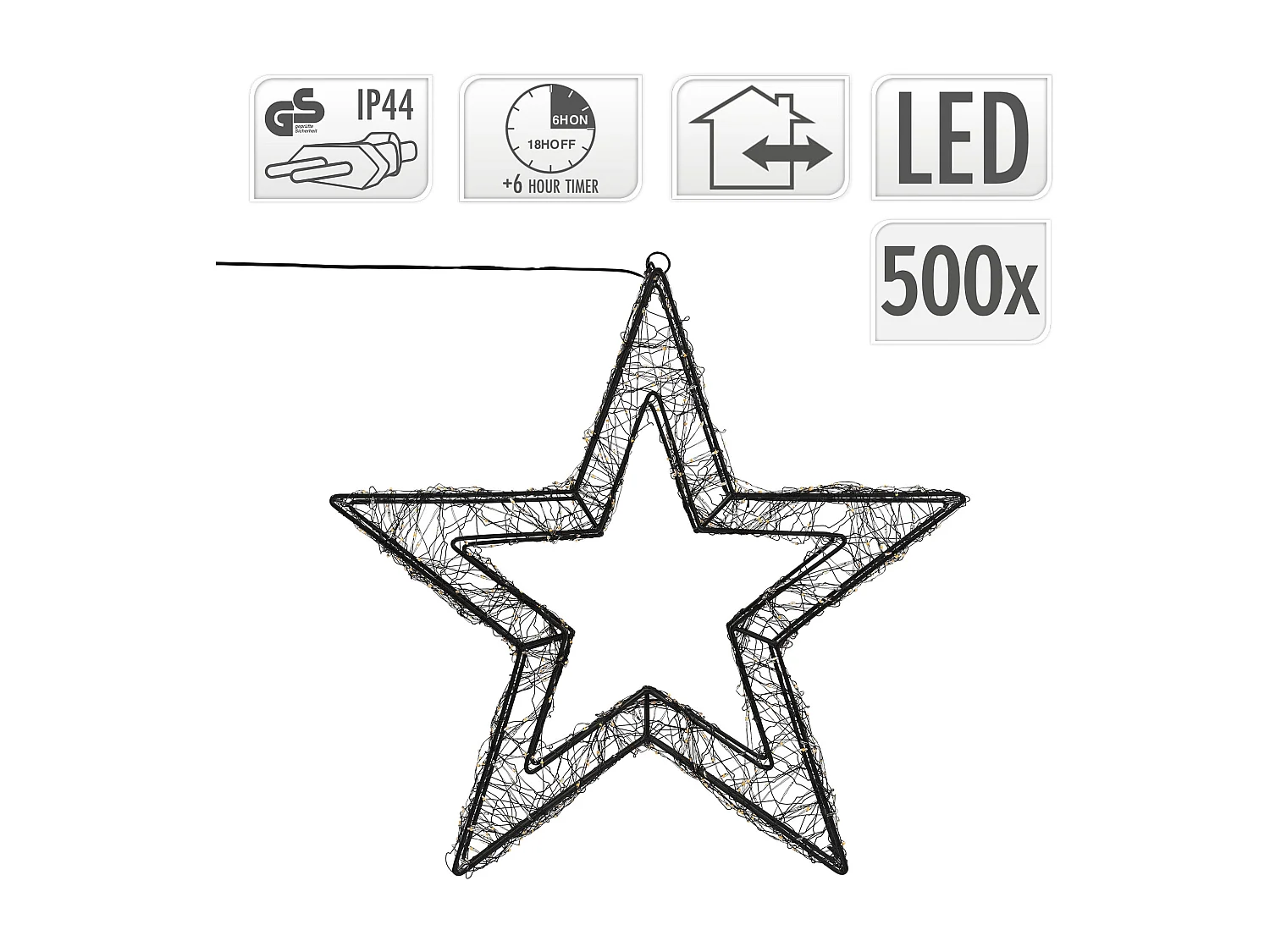 ECD Germany Stella luminosa LED 38 cm 500 LED bianco caldo extra, impermeabile con timer, decorazioni natalizie interno esterno finestra giardino