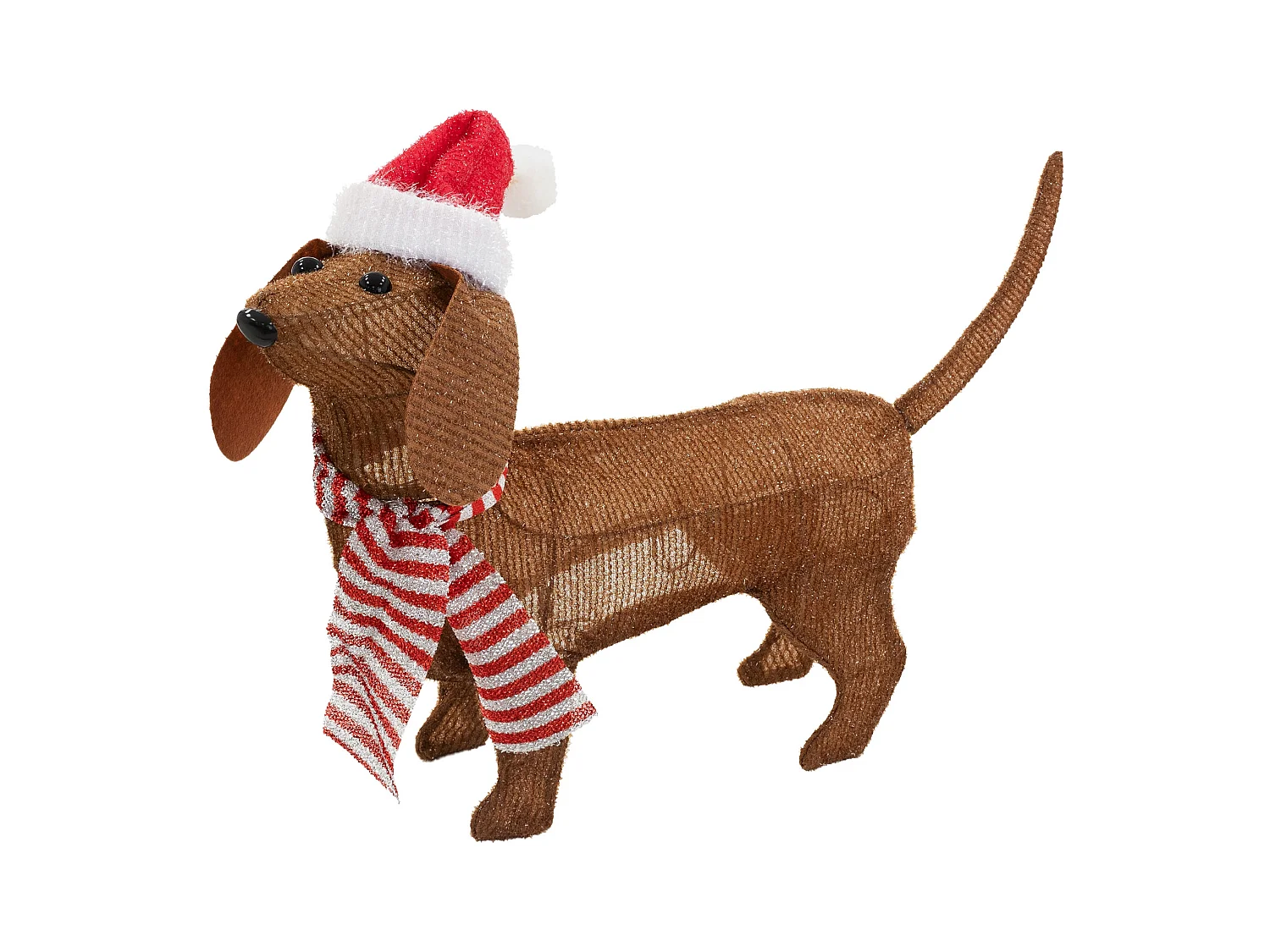 Chien lumineux Noël d'intérieur LED teckel avec bonnet et écharpe 60x43cm figurine à piles 40 LED blanc chaud et minuterie sculpture animale mignonne