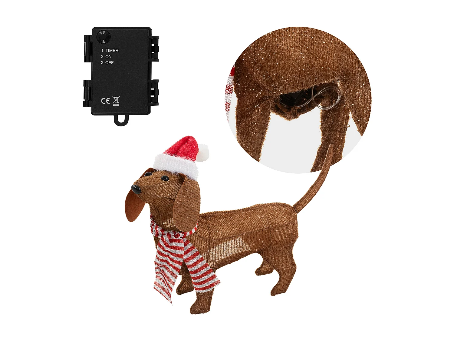 Chien lumineux Noël d'intérieur LED teckel avec bonnet et écharpe 60x43cm figurine à piles 40 LED blanc chaud et minuterie sculpture animale mignonne