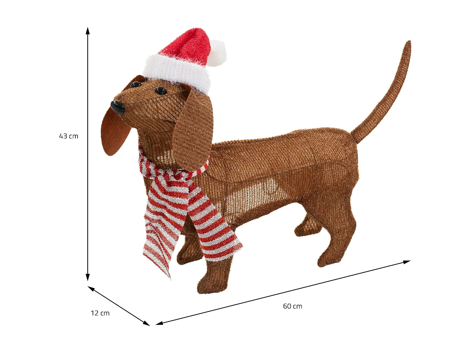 Chien lumineux Noël d'intérieur LED teckel avec bonnet et écharpe 60x43cm figurine à piles 40 LED blanc chaud et minuterie sculpture animale mignonne