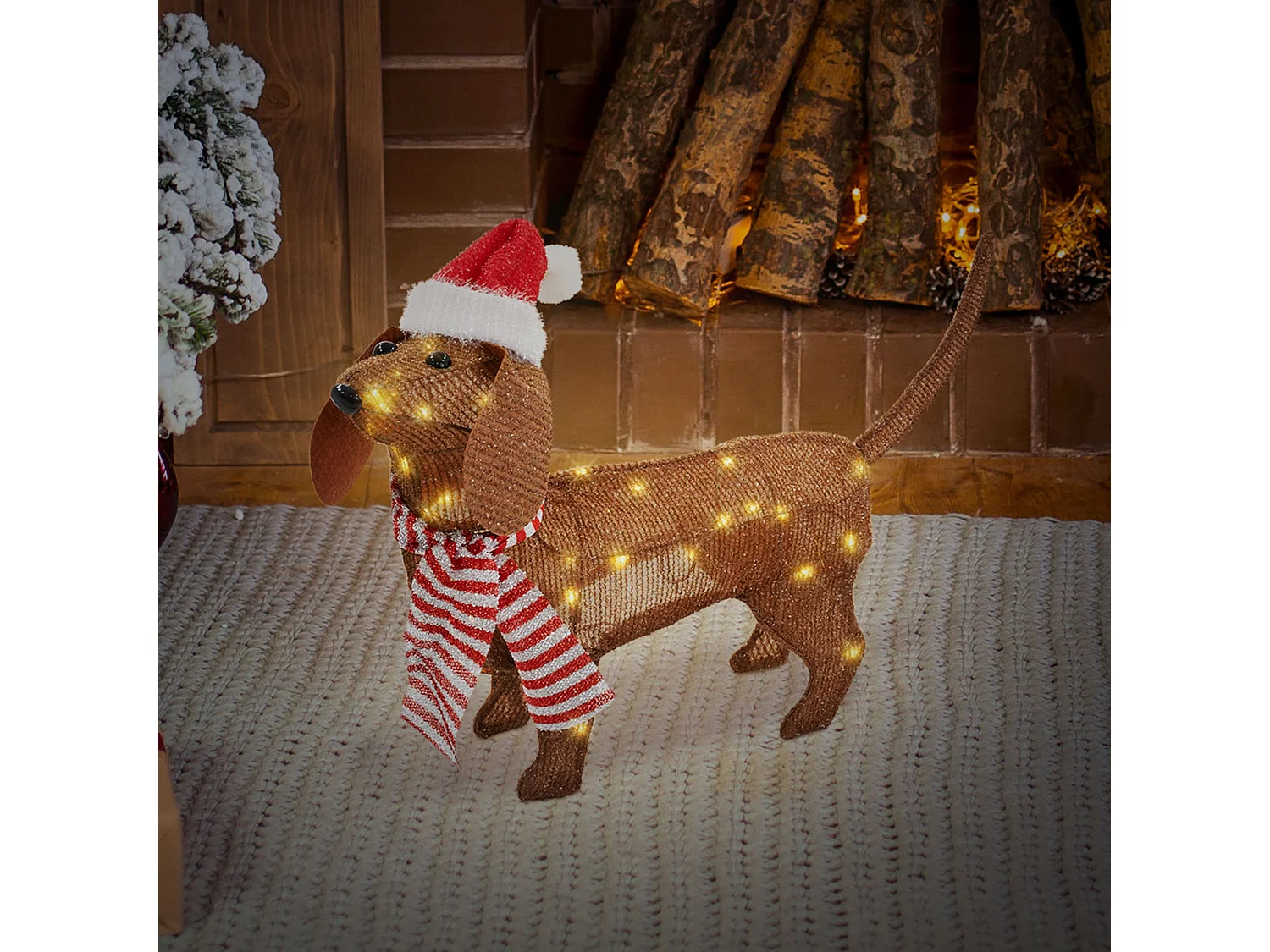 ECD Germany Cane luminoso per Natale 60x43 cm 40 LED bianco caldo, con berretto e sciarpa, bassotto decorativo, decorazione natalizia per interno