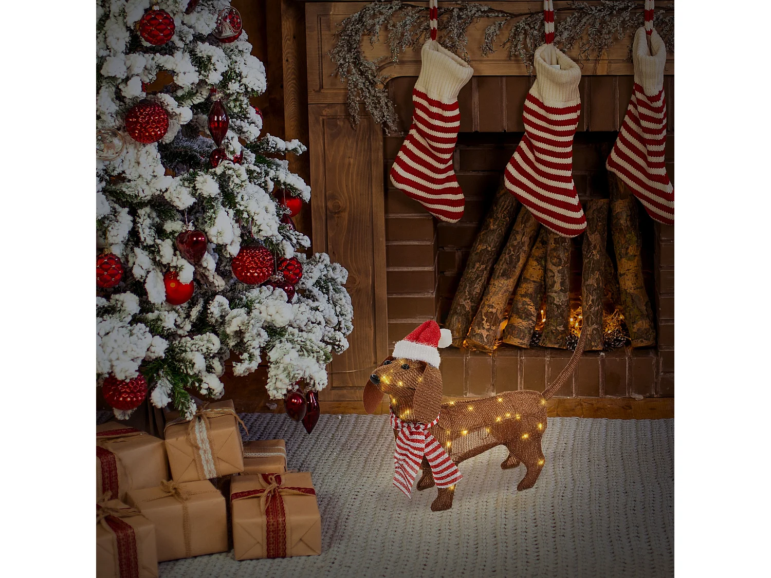 ECD Germany Cane luminoso per Natale 60x43 cm 40 LED bianco caldo, con berretto e sciarpa, bassotto decorativo, decorazione natalizia per interno