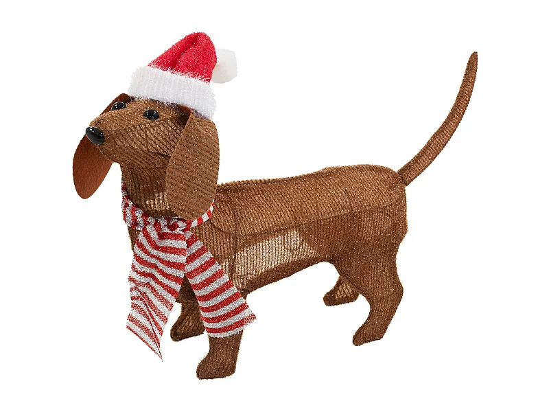 Chien lumineux Noël d'intérieur LED teckel avec bonnet et écharpe 60x43cm figurine à piles 40 LED blanc chaud et minuterie sculpture animale mignonne