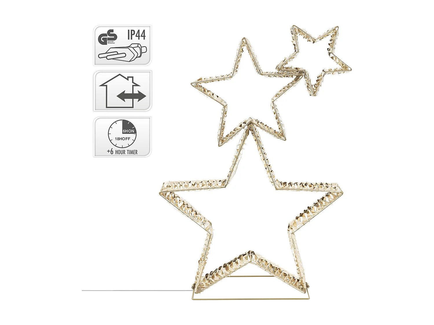 ECD Germany 3x Deko Weihnachtssterne übereinander, 80cm, 350 LED, Warmweiß, Gold, Leuchtstern Außen mit Timer, Weihnachtsdeko Weihnachtsbeleuchtung