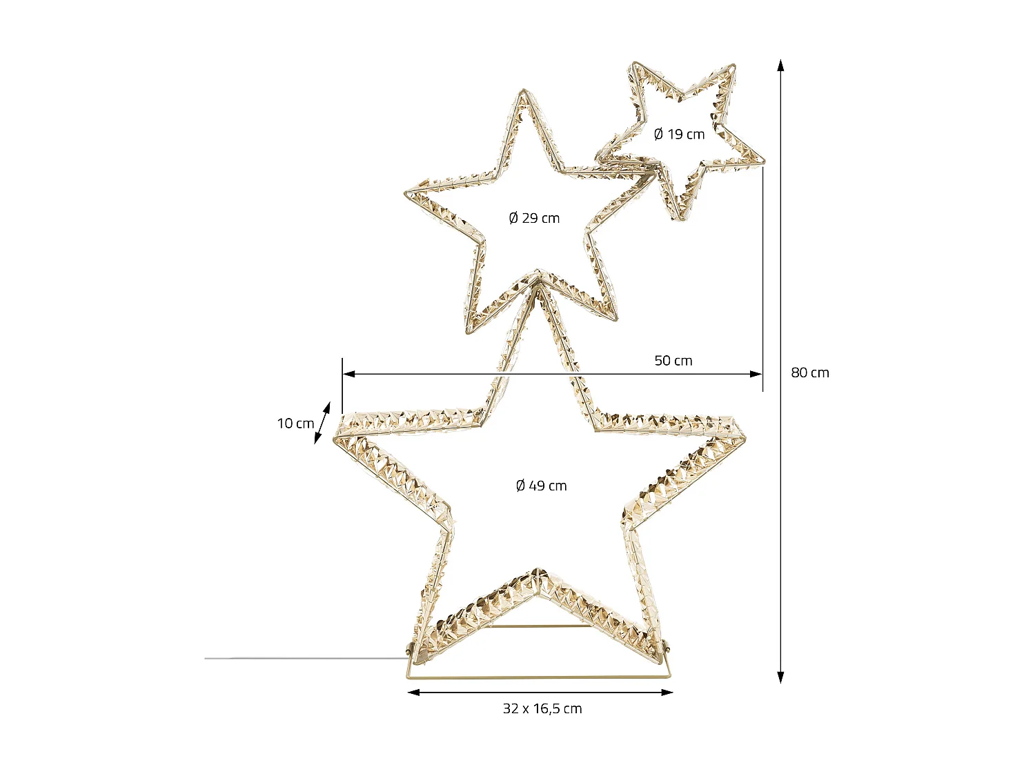 ECD Germany 3x Deko Weihnachtssterne übereinander, 80cm, 350 LED, Warmweiß, Gold, Leuchtstern Außen mit Timer, Weihnachtsdeko Weihnachtsbeleuchtung