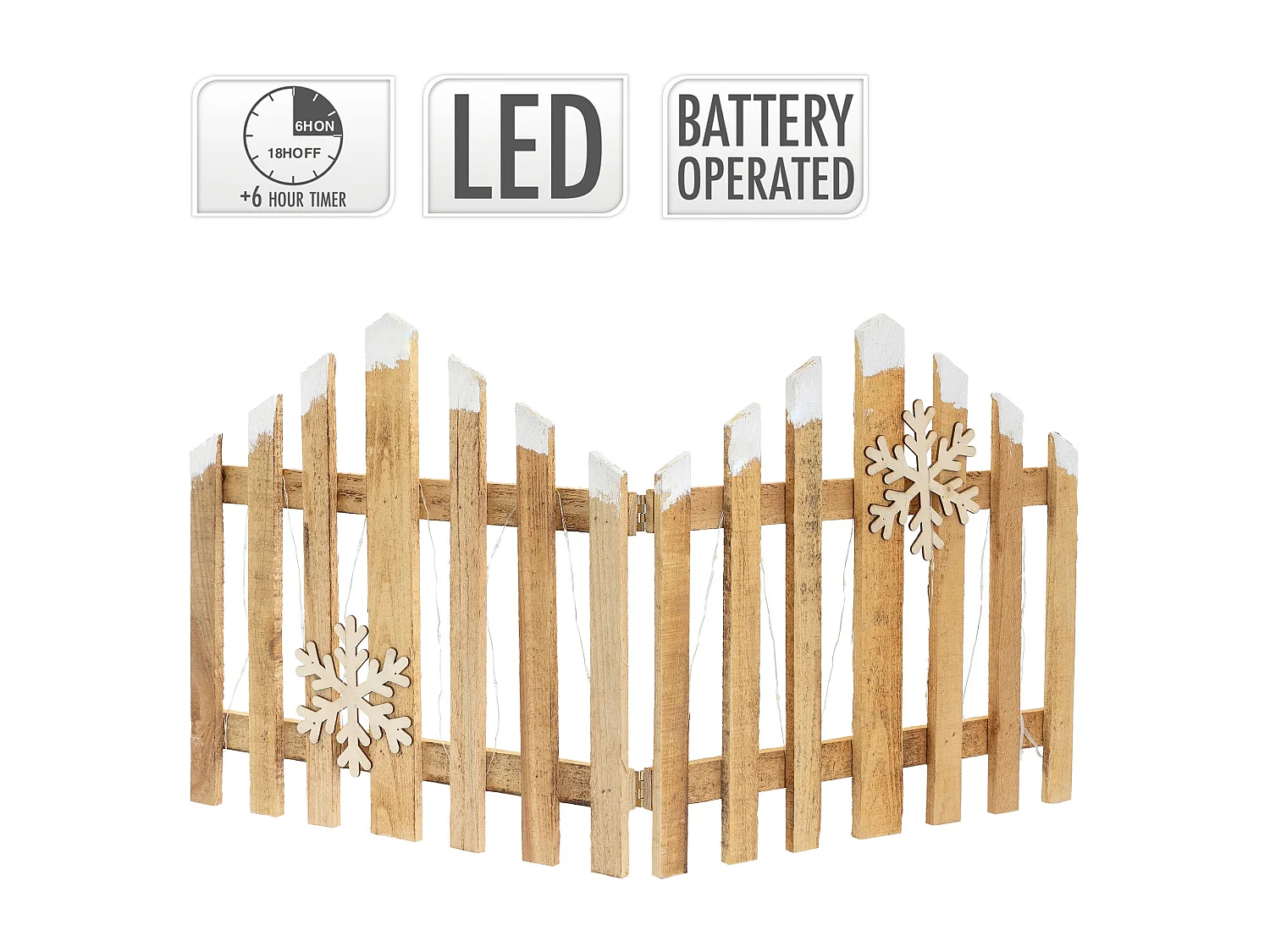 ECD Germany Staccionata natalizia 77x38 cm con 30 LED bianco caldo, in legno naturale, mini recinzione da giardino, steccato decorativo per Natale