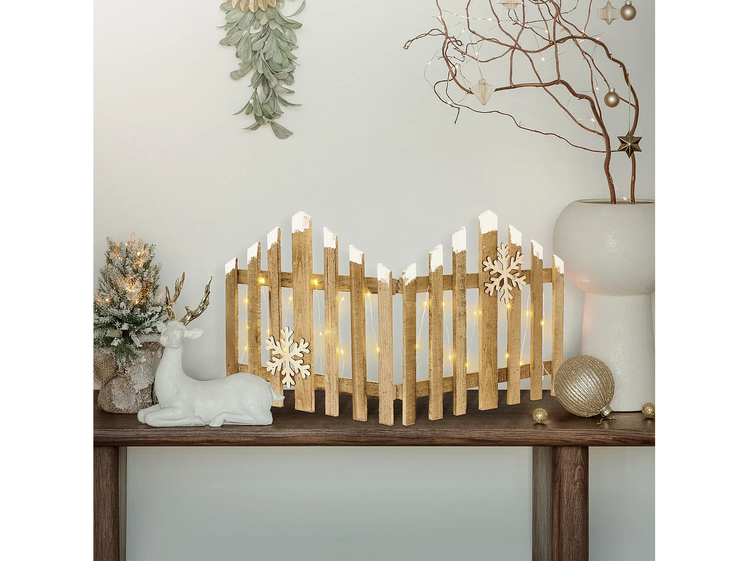 ECD Germany Staccionata natalizia 77x38 cm con 30 LED bianco caldo, in legno naturale, mini recinzione da giardino, steccato decorativo per Natale