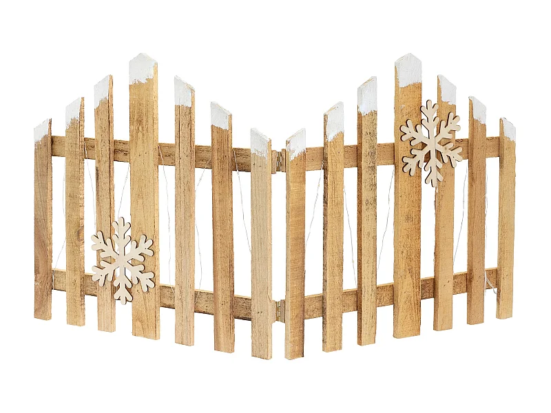 Mini clôture sapin de noël 77x38 cm en bois à led blanc chaud barrière d'hiver lumineuse 2 flocons de neige inclus alimenté par piles avec minuterie