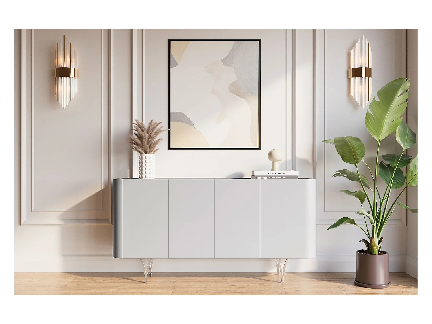 Commode moderne grise Dancan MONZA avec pieds argentés – largeur 160 cm