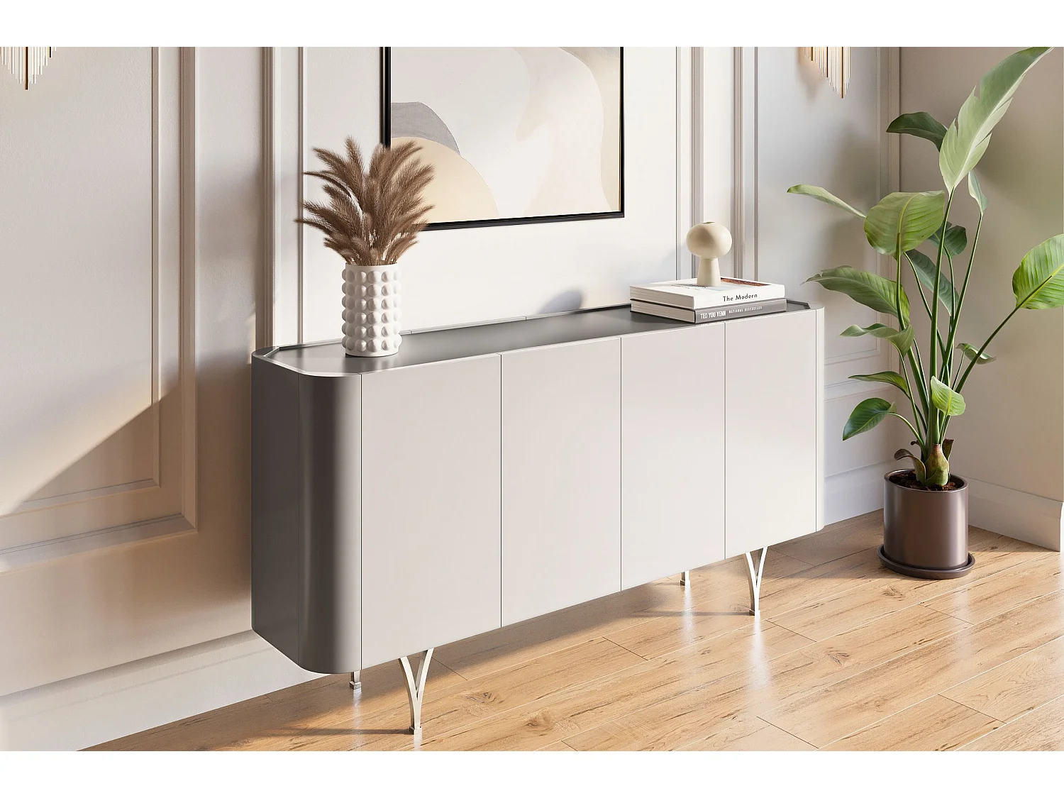Commode moderne grise Dancan MONZA avec pieds argentés – largeur 160 cm