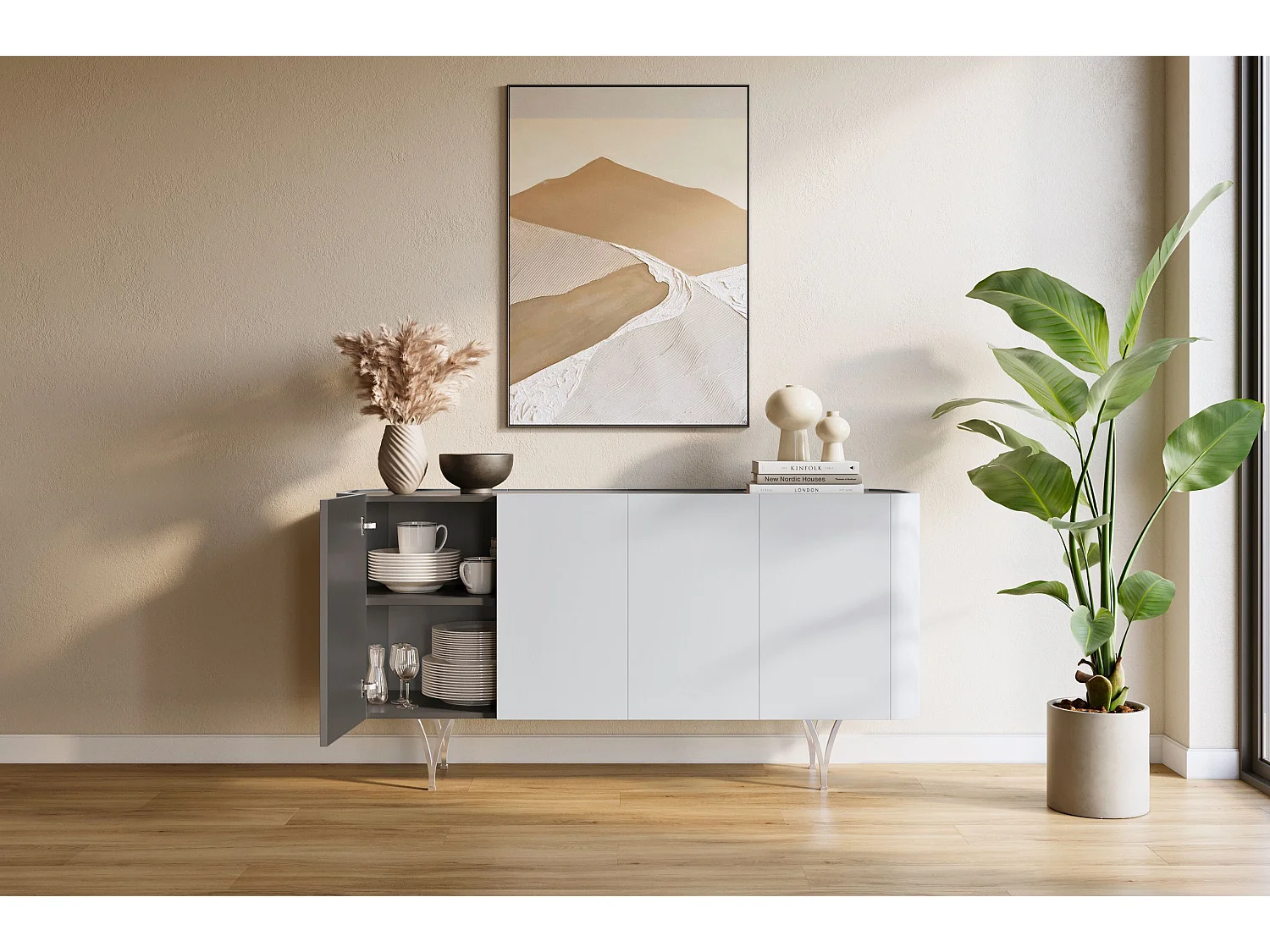 Commode moderne grise Dancan MONZA avec pieds argentés – largeur 160 cm
