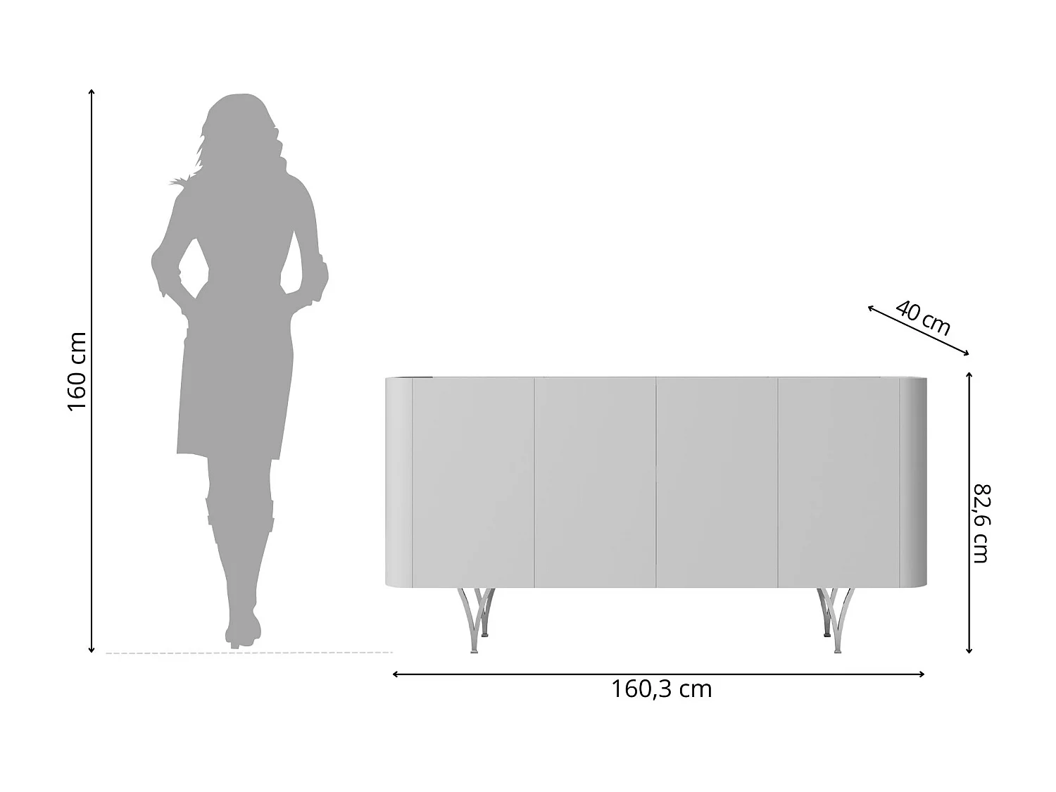 Commode moderne grise Dancan MONZA avec pieds argentés – largeur 160 cm
