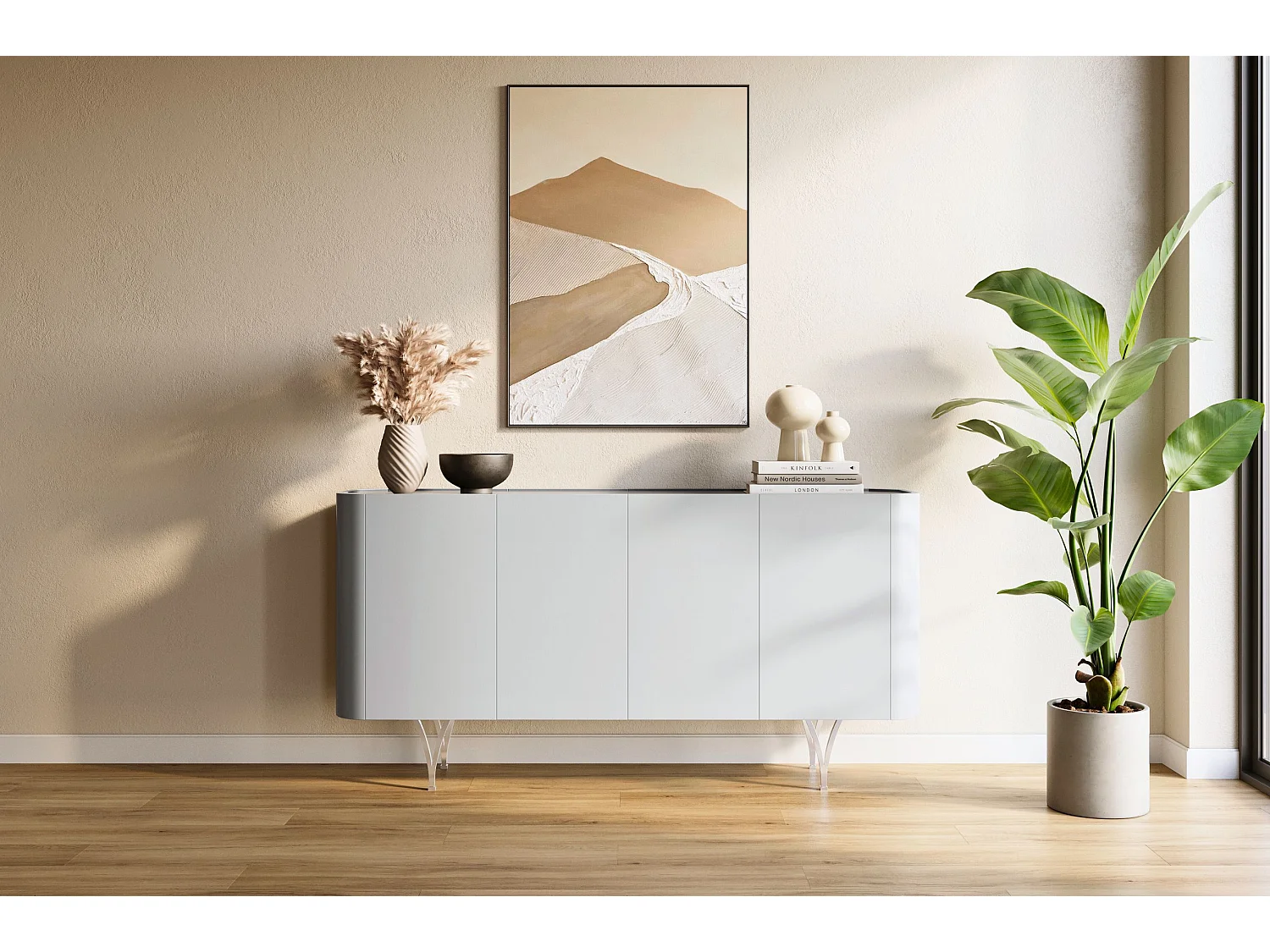 Sideboard Monza, grau/schwarz, silberne beine