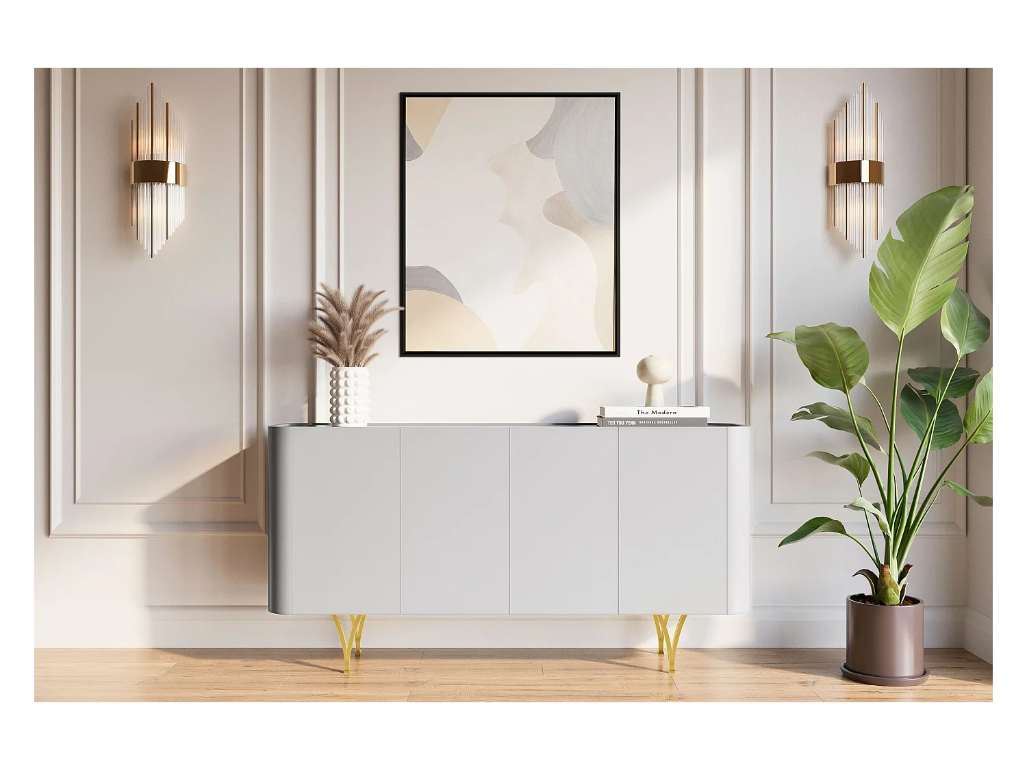 Commode moderne grise Dancan MONZA avec pieds dorés – largeur 160 cm